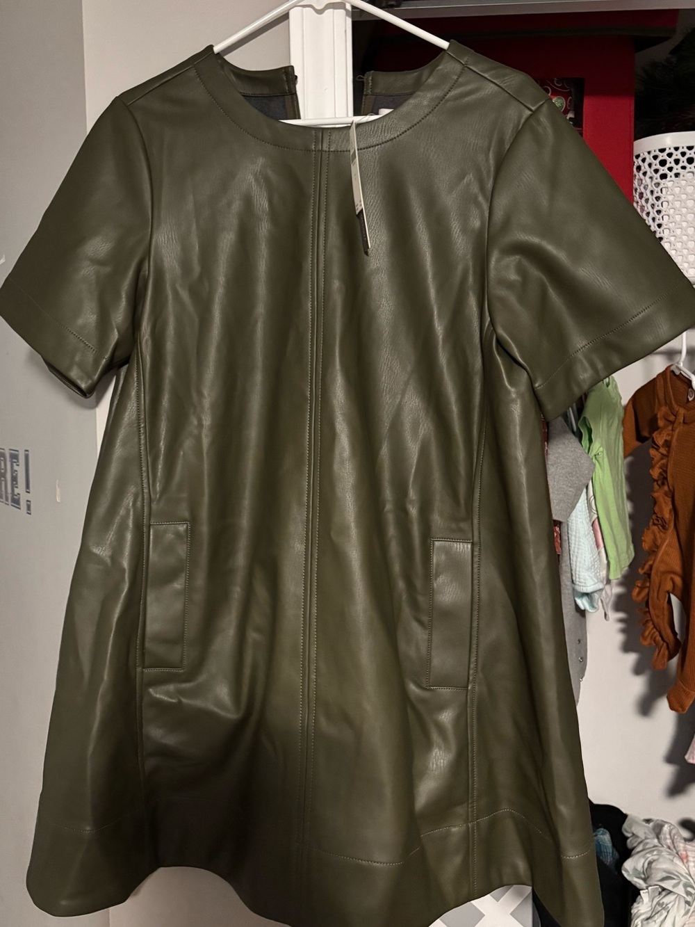 Maeve Olive Green Faux-Leather Mini Dress - Picture 3 of 4